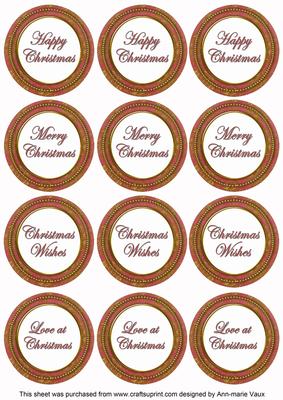 Dark Red Goldflake Christmas Mix1 Sentiment Round Toppers