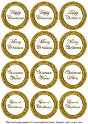 Gold Goldflake Christmas Mix1 Sentiment Round Toppers