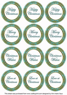 Teal Goldflake Christmas Mix1 Sentiment Round Toppers