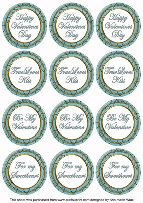 Dusky Teal Valentines Day Round Sentiment Toppers