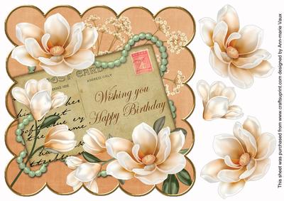 Peach Magnolia Happy Birthday 8in Decoupage Topper