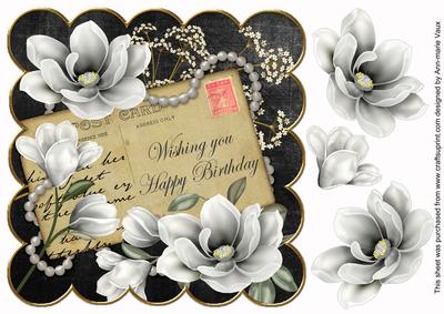 Sil Black Magnolia Happy Birthday 8in Decoupage Topper