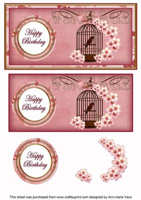 Pink Birdcage Happy Birthday Dl Decoupage Topper