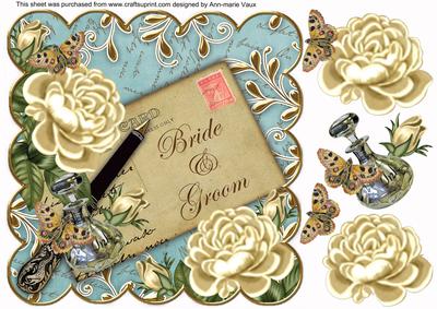 Cream Teal Roses Bride & Groom 8in Scallop Topper