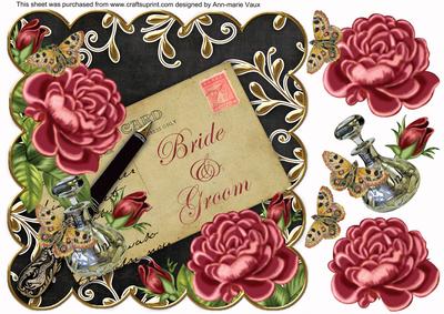 Dpink Black Roses Bride & Groom 8in Scallop Topper