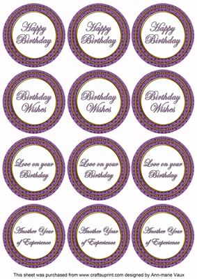 Purple Check Birthday Mix Sentiment Round Toppers
