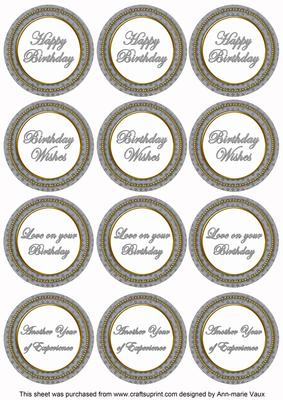 Silver Check Birthday Mix Sentiment Round Toppers