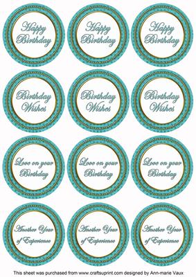 Teal Check Birthday Mix Sentiment Round Toppers