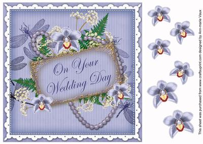 Blue Orchids Wedding Day 8in Vintage Decoupage Topper