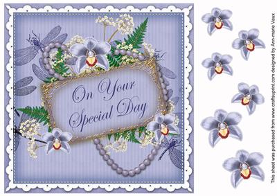 Blue Orchids Special Day 8in Vintage Decoupage Topper