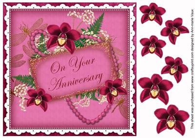 Cerise Orchids Your Anniversary 8in Vintage Decoupage Topper