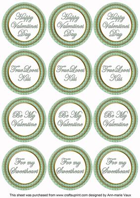 Mint Green Check Valentine Mix Sentiment Round Toppers