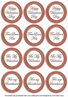 Pink Check Valentine Mix Sentiment Round Toppers