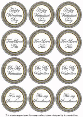 Silver Check Valentine Mix Sentiment Round Toppers