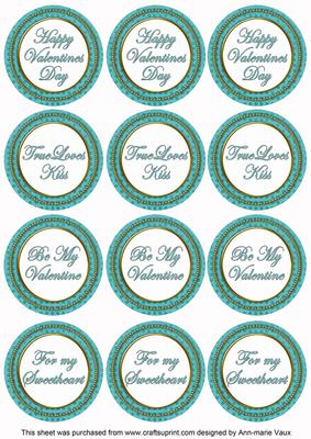 Teal Check Valentine Mix Sentiment Round Toppers