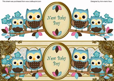 Blue Cream Owls New Baby Boy Large Dl Decoupage Topper