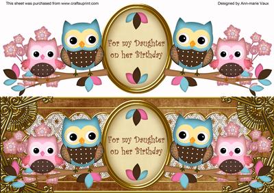 Blue Pink Owls Daughter Birthday Large Dl Decoupage Topper