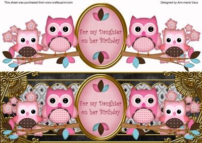 Pink Black Owls Daughter Birthday Large Dl Decoupage Topper