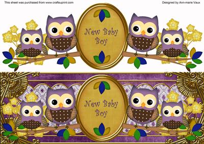 Purple Owls New Baby Boy Large Dl Decoupage Topper