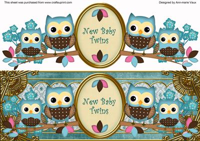 Blue Owls New Baby Twins Large Dl Decoupage Topper