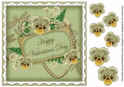 Olive Pansy Valentines Day 8in Vintage Decoupage Topper