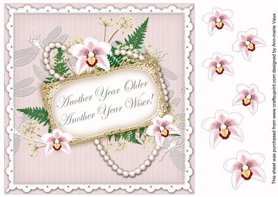 White Orchid Another Year Older 8in Decoupage Topper