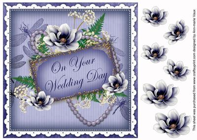Dark Blue Magnolia Wedding Day 8in Vintage Decoupage Topper