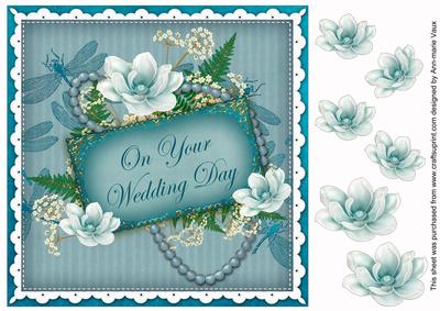 Teal Magnolia Wedding Day 8in Vintage Decoupage Topper