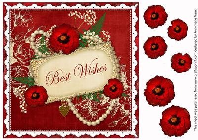 Big Red Poppy Best Wishes 8in Vintage Decoupage Topper