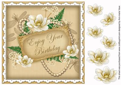 Cream Magnolia Enjoy Birthday 8in Vintage Decoupage Topper