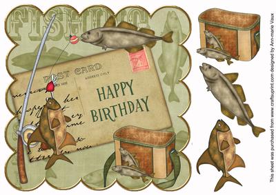 Olive Fishing Happy Birthday 8in Decoupage Step by Step