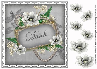 Silver Magnolia March 8in Vintage Decoupage Topper