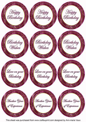 Cerise Sweetpea Birthday Mix1 Sentiment Round Toppers