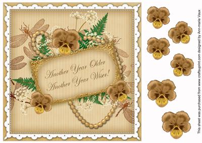 Cream Pansy Another Year Older! 8in Vintage Decoupage Topper