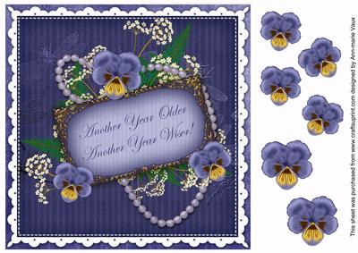 Dblue Pansy Another Year Older! 8in Vintage Decoupage Topper