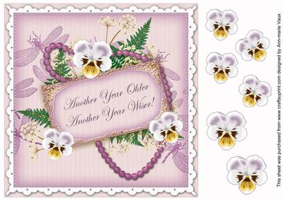 Lilac Pansy Another Year Older! 8in Vintage Decoupage Topper