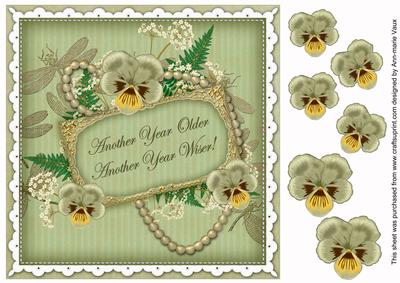 Olive Pansy Another Year Older! 8in Vintage Decoupage Topper
