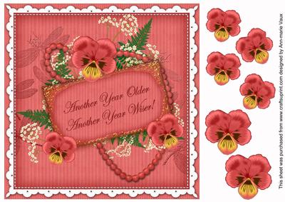 Red Pansy Another Year Older! 8in Vintage Decoupage Topper