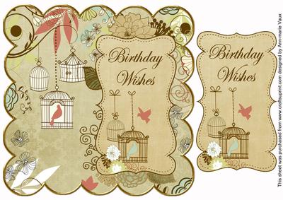Cream Birdcage Birthday Wishes 8in Scallop Topper
