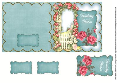 Teal Rose Arch Birthday Wishe 5in Folded Card with Topper