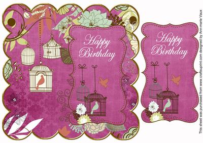 Cerise Birdcage Happy Birthday 8in Scallop Topper