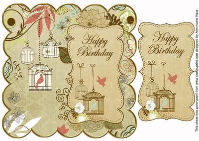 Cream Birdcage Happy Birthday 8in Scallop Topper