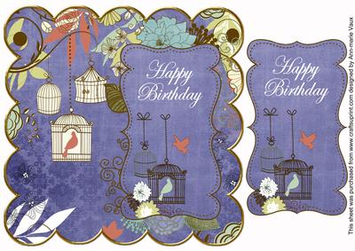 Dark Blue Birdcage Happy Birthday 8in Scallop Topper