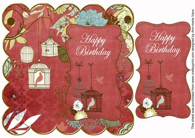 Dark Red Birdcage Happy Birthday 8in Scallop Topper
