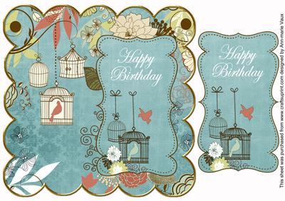 Dusky Teal Birdcage Happy Birthday 8in Scallop Topper