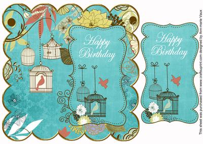 Teal Birdcage Happy Birthday 8in Scallop Topper