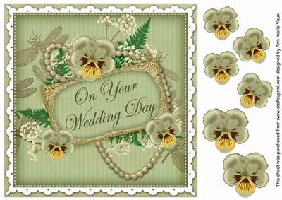 Olive Pansy Wedding Day 8in Vintage Decoupage Topper