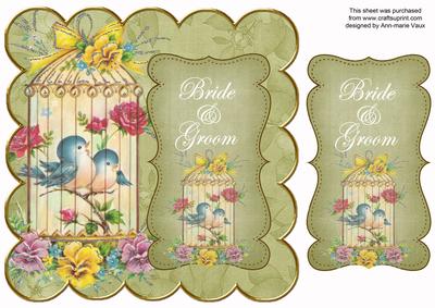 Olive Lovebirds Bride & Groom 8in Scallop Topper