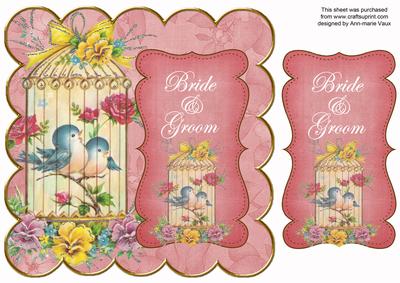 Pink Lovebirds Bride & Groom 8in Scallop Topper
