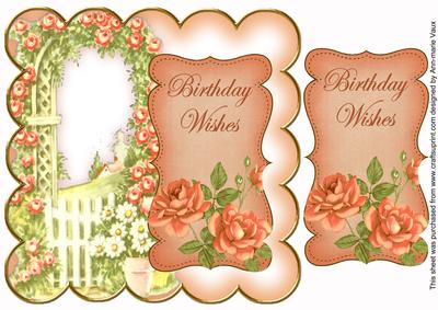 Peach Rose Arch Birthday Wishes 8in Scallop Topper